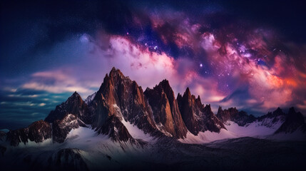 The image features a dramatic and breathtaking night landscape. A range of jagged, snow-covered mountains dominates the foreground, creating a stark contrast with the dark night sky. Above the peaks,  - obrazy, fototapety, plakaty