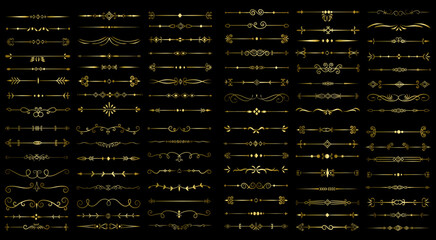 Golden color page Divider And Design Elements. Set of Various Simple Black Divider Design, Assorted Divider Collection Template Vector. Collection of floral dividers elements mega decoration