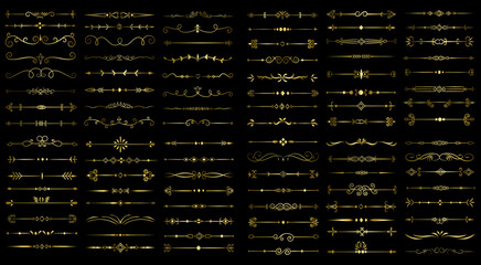 Golden color page Divider And Design Elements. Set of Various Simple Black Divider Design, Assorted Divider Collection Template Vector. Collection of floral dividers elements mega decoration