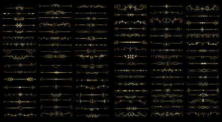 Golden color page Divider And Design Elements. Set of Various Simple Black Divider Design, Assorted Divider Collection Template Vector. Collection of floral dividers elements mega decoration