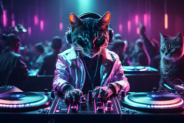 Vibrant neon-lit alley adorned with graffiti, featuring a cool cat DJ on a rooftop, spinning beats in the urban night. - obrazy, fototapety, plakaty