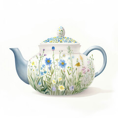 Whimsical : A Floral Teapot with a Butterfly Visitor,teapot with flowers,teapot on a white background
