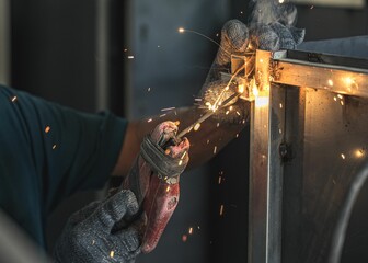 Confident man performing a welding task, with sparks flying all around him as a result