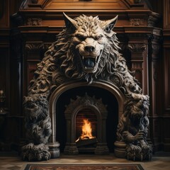 a fireplace is in this room with a wolf face above it.