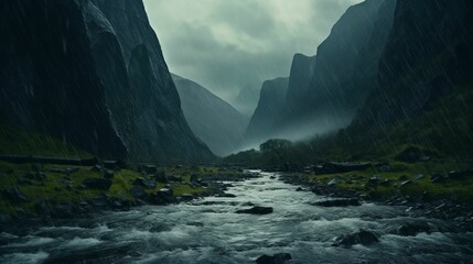 Gloomy landscape featuring a river and mountains on a rainy day. AI-generated. - obrazy, fototapety, plakaty