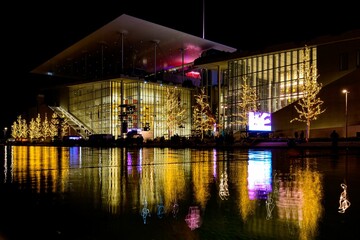 Stavros Niarchos Foundation in Athens, Greece with Christmas trees reflected in water at night