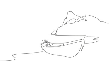 Boat on the shore. Seascape. Bay. Sea shore. Boat on the sand. Mountain cape. One continuous line drawing. Linear. Hand drawn, white background. One line.