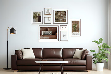 Six blank picture frame mockup in home interior design. Living room, commode with brown leather sofa, lamp and vases.