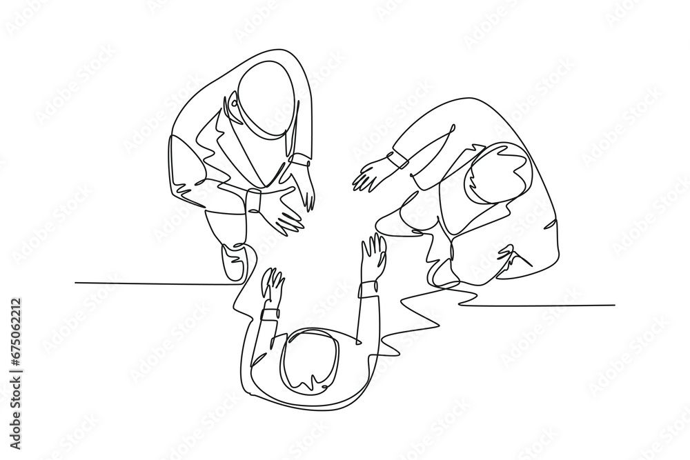 Poster single continuous line drawing of young businessmen chatting on business conference event from top v
