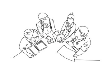 Single continuous line drawing young smart male and female specialist doctor discussion about patient surgery plan. Medical healthcare service concept. One line draw graphic design vector illustration