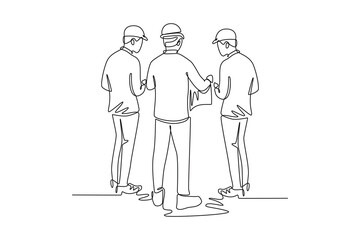 Single continuous line drawing back view young architect and foreman brainstorming about blueprint building design. Construction discussion planning. One line draw graphic design vector illustration