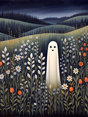 Ethereal Presence: A Ghost Amidst a Starlit Meadow
