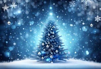Fototapeta na wymiar Blue sparkling Christmas background with big and luxurious Christmas tree and snowflakes