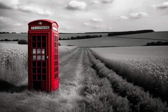 AI generated illustration of a red telephone booth in stark contrast against a grayscale rural field