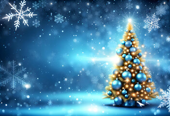 Blue sparkling Christmas background with big and luxurious Christmas tree and snowflakes
