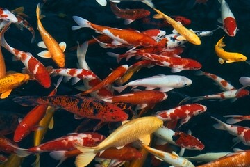 Closeup of a group of colorful fish swimming in a tranquil pool