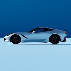 White sports car with blue background wall