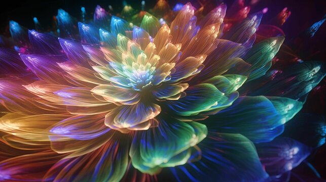 AI generated illustration of single flower illuminated by a multitude of soft, glowing lights