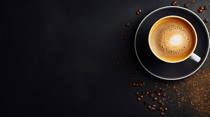 Coffee cup and coffee beans on black background, top view