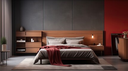 Interior of modern bedroom with white walls, concrete floor, comfortable king size bed and wooden wardrobe