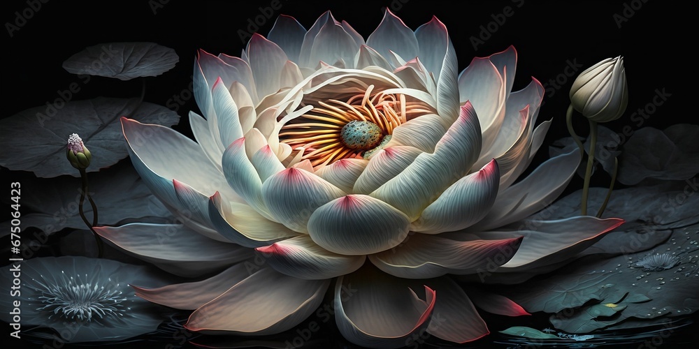 Poster AI generated illustration of A vibrant white water lily flower against a dark background