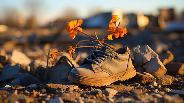 A Small Childs Shoe Piled Up In The Rubble Of A Panel , Background Image, Hd
