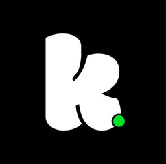 Vector illustration of a black background featuring a bold white letter K with a green dot.