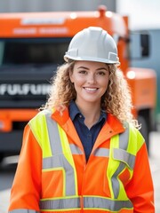 attractive curly haired female road construction worker