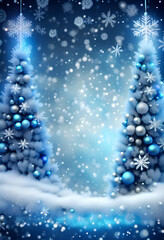 Fototapeta na wymiar Blue sparkling Christmas background with big and luxurious Christmas tree and snowflakes