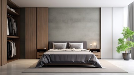 Fototapeta na wymiar Interior of modern bedroom with white walls, concrete floor, comfortable king size bed and wooden wardrobe