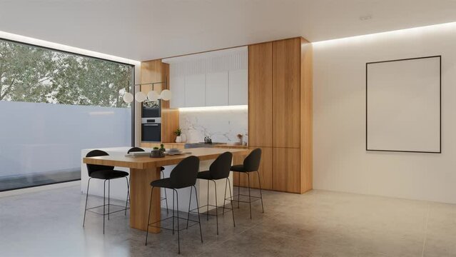 Animated Minimal wooden kitchen and dining table. 3D illustration rendering