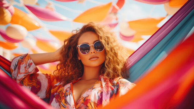 A Woman Wearing Sunglasses On A Brightly Decorated, Background Image, Hd