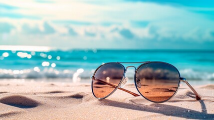 Fototapeta na wymiar Tranquil Coastal Scene with Blue Sky, Sand, and Sun-Kissed Ocean and sunglasses on beach generated by AI tool 