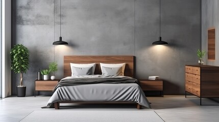 Interior of modern bedroom with white walls, concrete floor, comfortable king size bed and wooden wardrobe