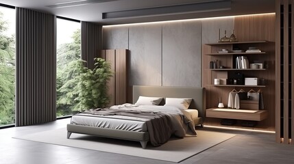 Interior of modern bedroom with white walls, concrete floor, comfortable king size bed and wooden wardrobe - obrazy, fototapety, plakaty
