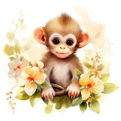 Fototapeta na wymiar Baby monkey fruits and flower Illustration, Generative Ai