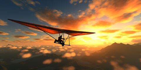 Hang gliding in sunset mountain clouds - obrazy, fototapety, plakaty