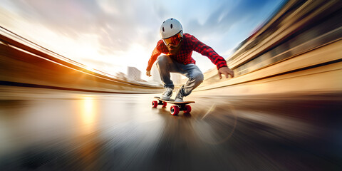 Skateboarder jumping on the street in action motion blur, Extreme sports concept