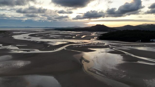 Drone footage of mud flats along Turnagain arm in Alaska at sunset