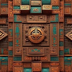 ancient aztecwallpaper with sacred geometric shapes stretched across the image and interlaced with textured boxes, Generative AI