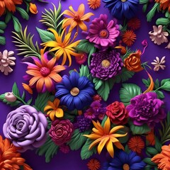 Fototapeta na wymiar a lush maximalist wallpaper pattern of vivid flowers and plants on a purple background, Generative AI