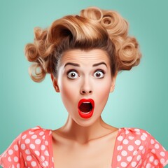 Surprised pin up style woman with retro hairstyle, bright color background