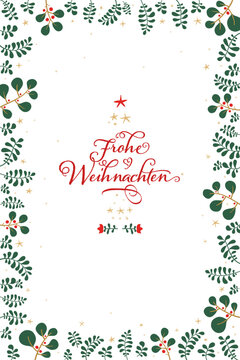 Weihnachtskarte mit Pflanzen. Weihnachtsvorlage mit dem Satz Frohe Weihnachten, dekorativer Baum, Sterne und Blumen. Rahmen mit Platz zum Hinzufügen von Grüßen. Auf Deutsch