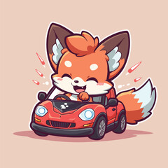Vector illustration of an adorable fox sitting in a bright toy car against a vibrant background