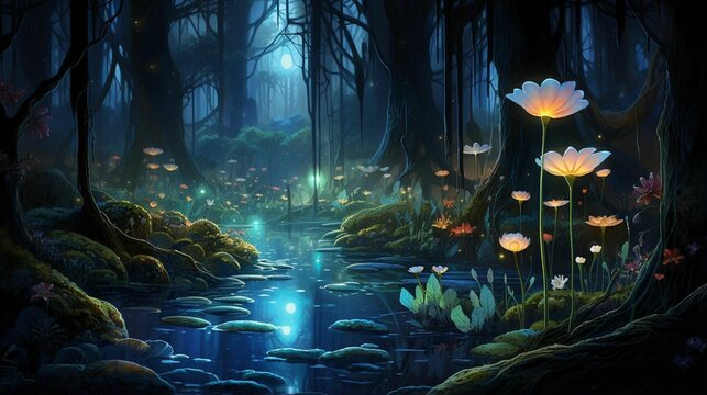 AI generated illustration of a pond with flowers in a dark forest
