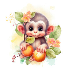 Fototapeta premium Baby monkey fruits and flower Illustration, Generative Ai