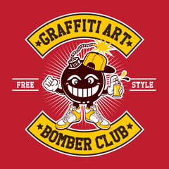 Black Ball Bomb Mascot Character Design Hand Drawing Vector Illustration in Patch Design The Graffiti Bomber Club