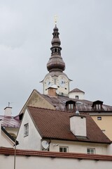 Vertical shot of the church tower of the parish church of Klagenfurt-St. Egid in Klagenfurt, Austria