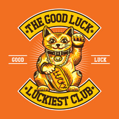 Hand Drawing Lucky Cat Vector Illustration in Patch Design The Good Luck Luckiest Club