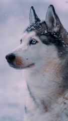 Adorable husky dog with its fur blowing in the winter breeze stands in a snow-covered field